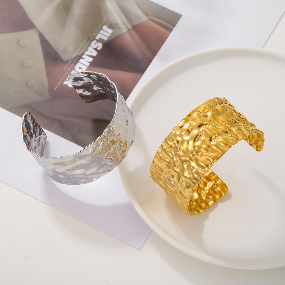 18K Gold Plated Titanium Steel Hammered Textured Geometric Open Cuff Bracelet for Women