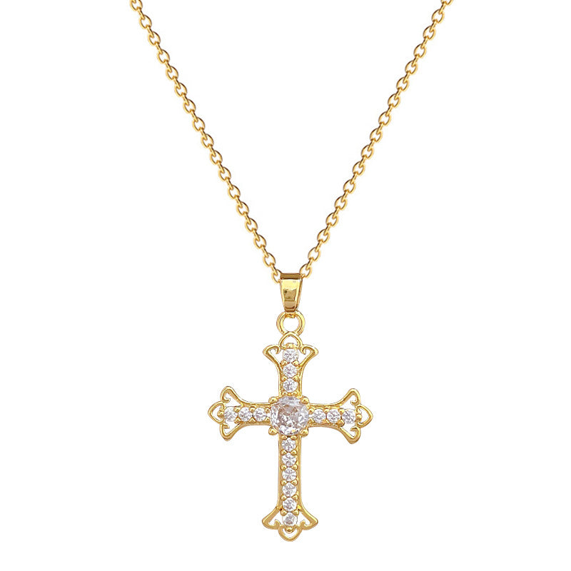 Minimalist Cross Pendant Necklace in Titanium Steel with Rhinestone Inlay for Women and Unisex, Delicate Clavicle Chain