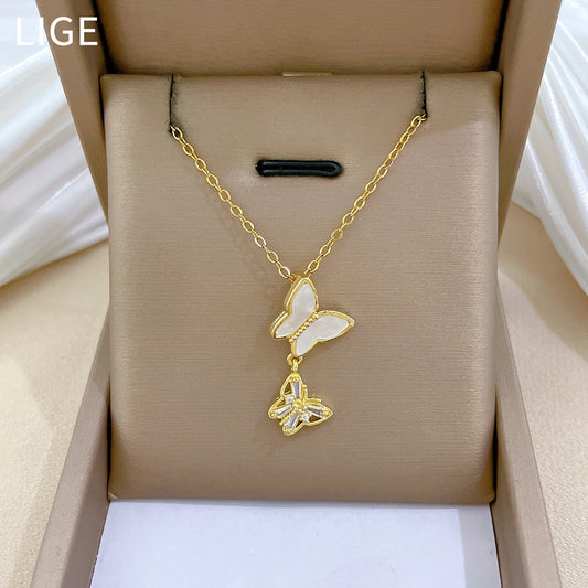 Cartoon Style Butterfly and Shell Pendant Necklace for Women with Hollow-Out Design Titanium Steel Locket Chain