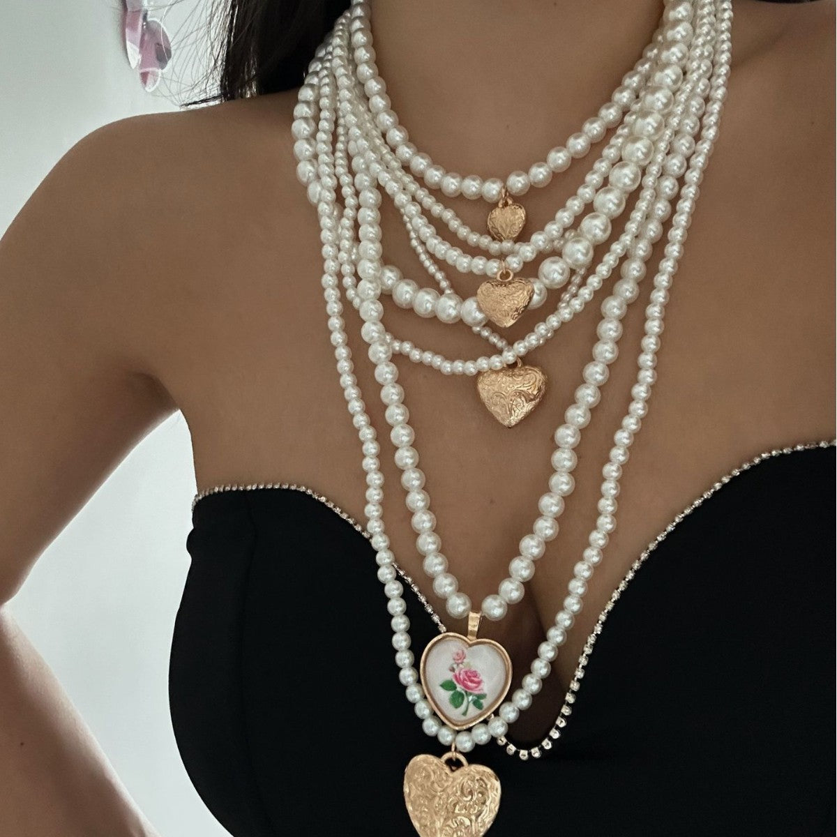 Vintage Bohemian Hip-hop Heart Floral Geometric Alloy Plated Imitation Pearl Layered Necklace for Women
