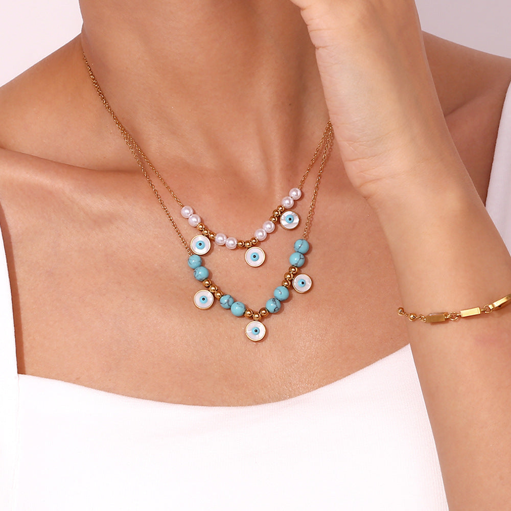 Fashionable French Vintage Pendant Necklace for Women with Geometric Blue Turquoise-Inlaid Round Eyes, Stainless Steel Base with 18K Gold Plating