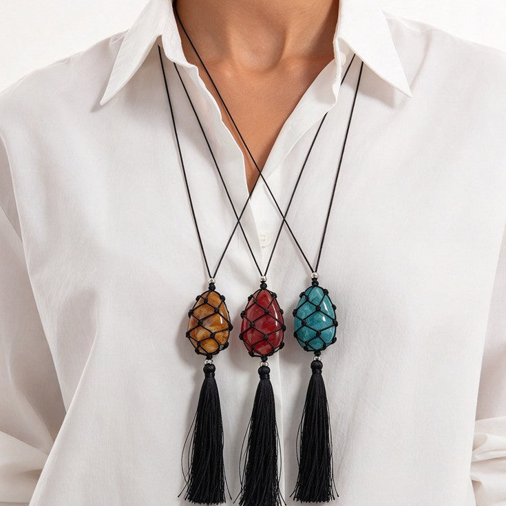 Minimalist Geometric Oval Resin Pendant Leather Cord Tassel Long Necklace for Women