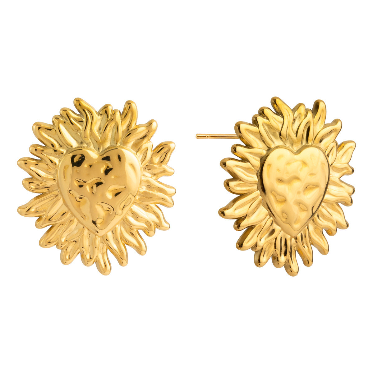Aretes minimalistas de acero inoxidable con forma de sol y corazón, con baño de oro al vacío PVD, para mujer
