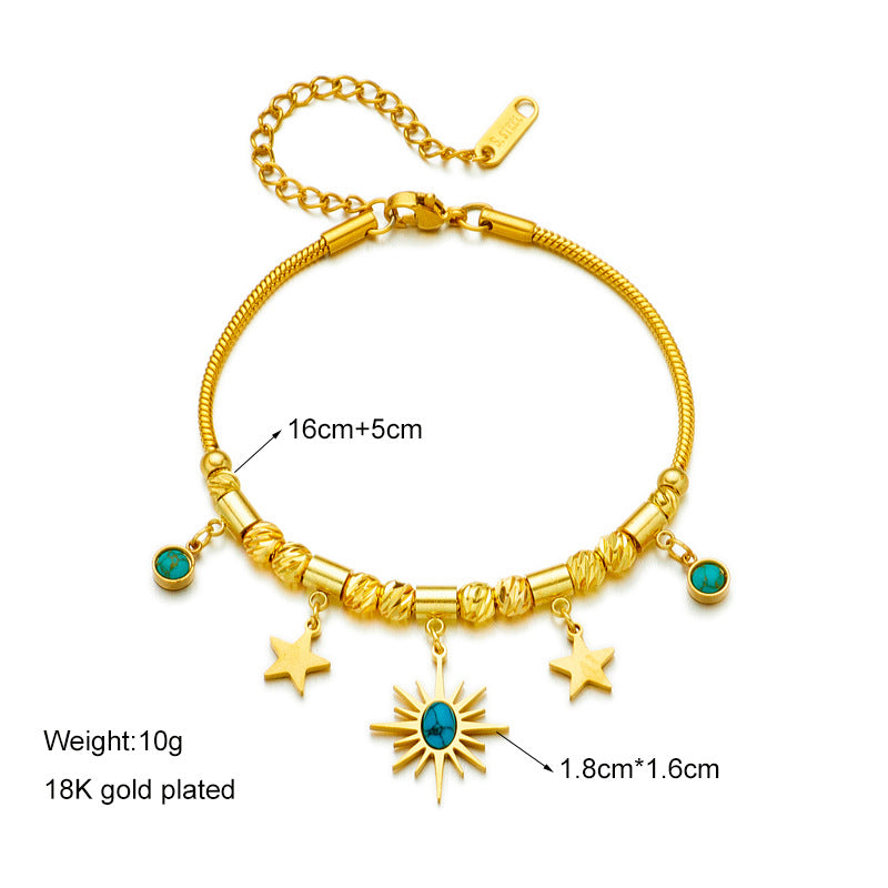 Bracciale alla Moda con Pendente Ovale Turchese Geometrico a Sole e Stella in Acciaio al Titanio con Finitura Placcata per Donna