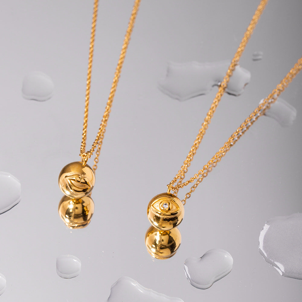 Ins Style Geometric Evil Eye Round Ball Pendant Necklace in Titanium Steel with 18K Gold Plated Stainless Steel Beaded Chain for Women