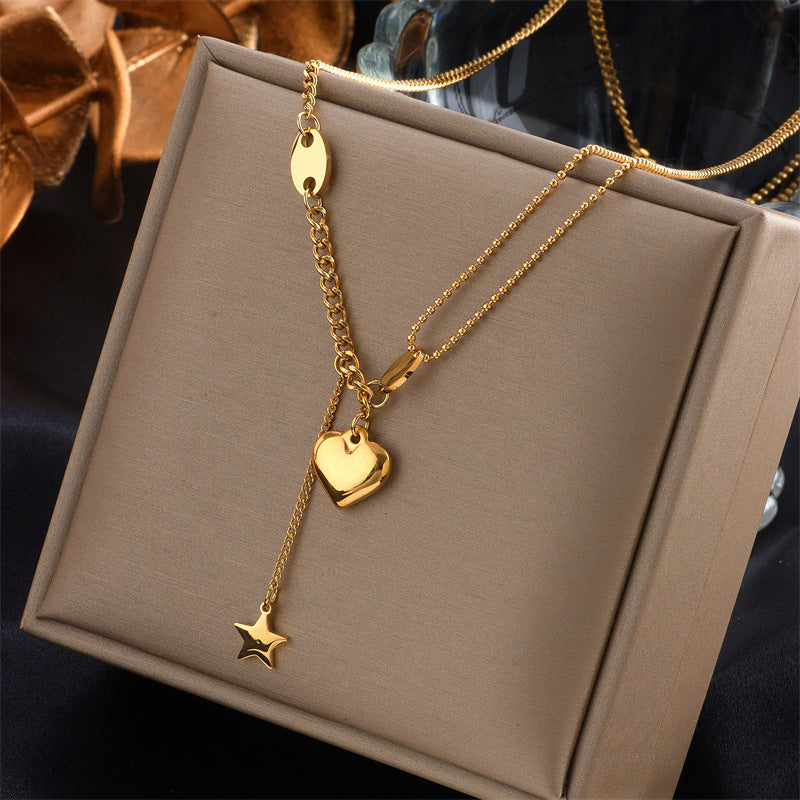 Fashionable Irregular Geometric Heart-Shaped Titanium Steel Plated Gold Multi-Layer Necklace for Women
