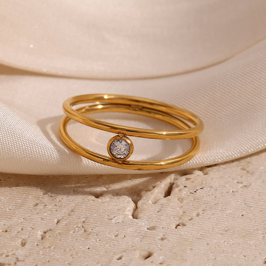 Minimalist Geometric Stainless Steel Ring with 18K Gold Plating and White Rhinestone Accents for Women