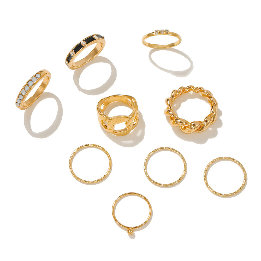 Vintage Bohemian Geometric Round Drip Oil Plated Alloy Ring Set with Rhinestone Crystal Gemstone Inlay for Women and Men