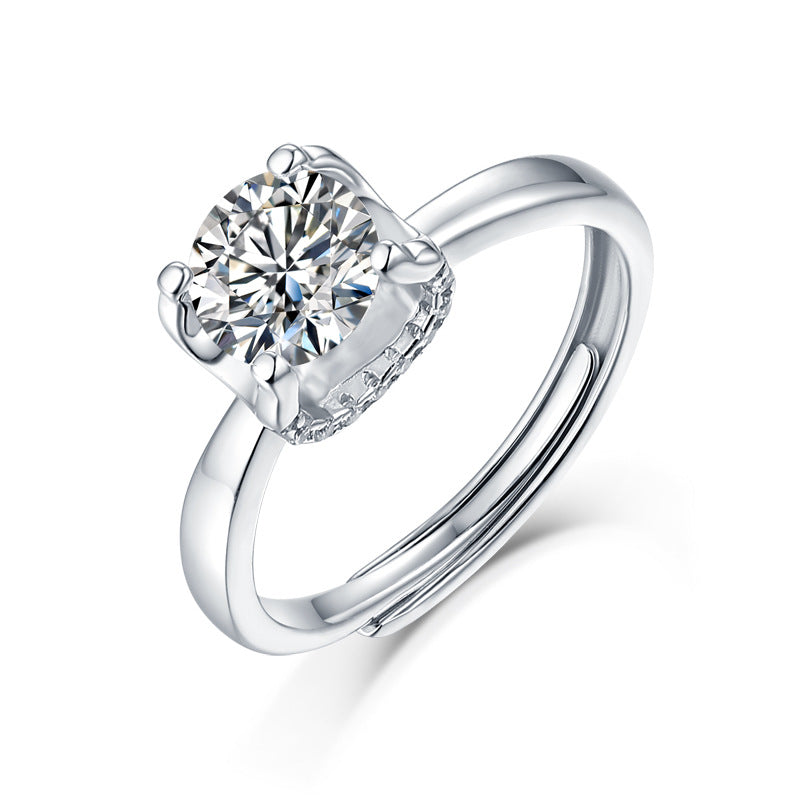 Sweet 925 Sterling Silver Geometric Moissanite Ring 18K Gold Plated 6-Prong Setting Open Adjustable Women's Jewelry