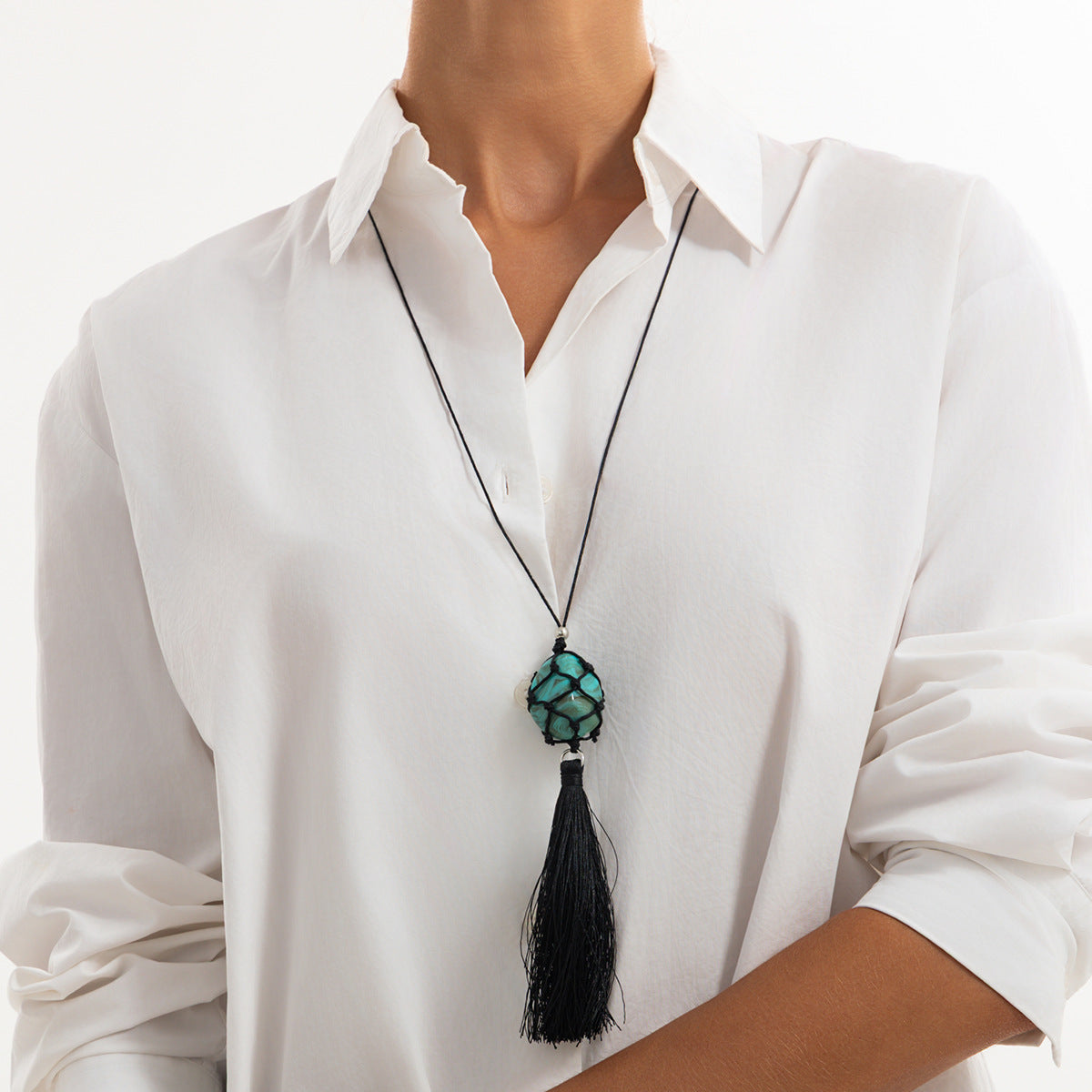 Minimalist Geometric Oval Resin Pendant Leather Cord Tassel Long Necklace for Women