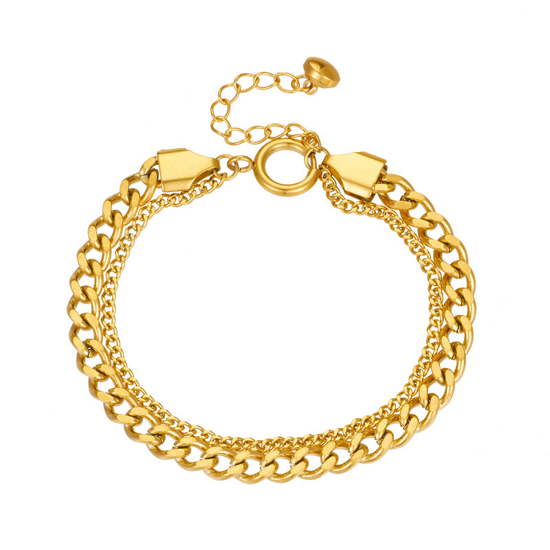 Bracciale Punk Vintage Doppia-Strato Impilabile in Acciaio al Titanio Placcato Oro Design Minimalista Unisex