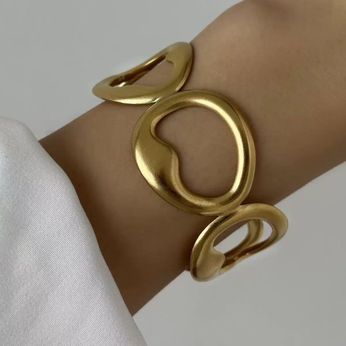 Fashion Geometric Textured Wave Pattern Plated Stainless Steel Wide Open Cuff Bracelet for Women