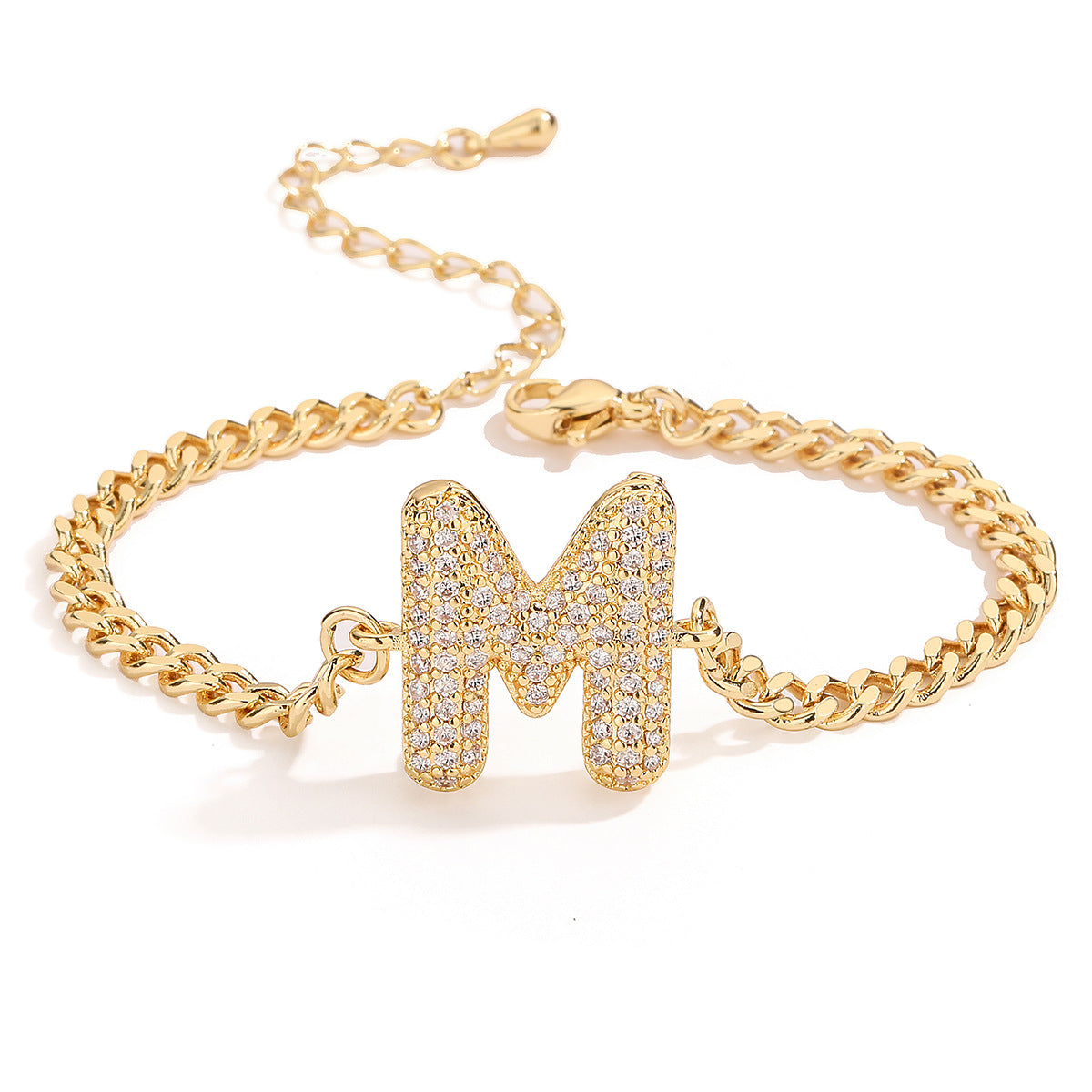 Minimalist Hip-hop 18K Gold Plated Letter Cubic Zirconia Bracelet for Women