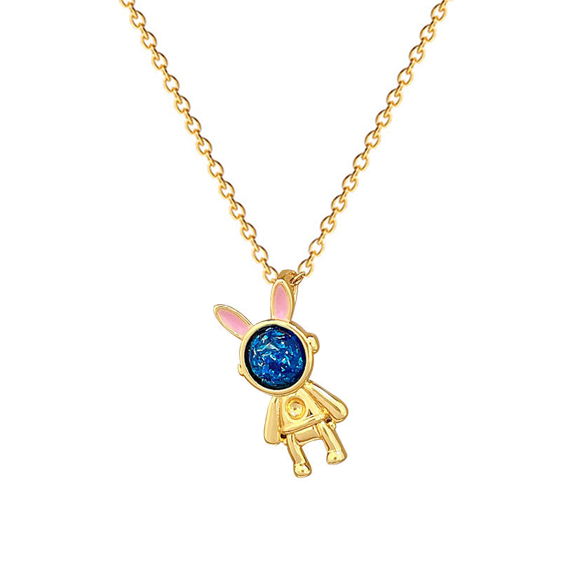 Sweet Cartoon Geometric Moon Astronaut Rabbit Rhinestone Pendant Titanium Steel Necklace for Unisex