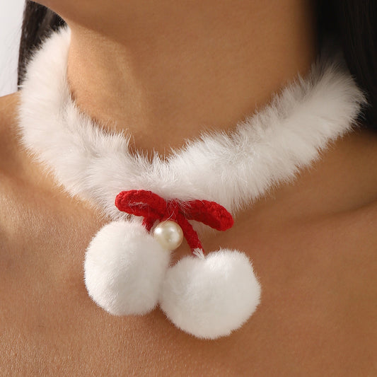 Christmas-Themed Bow-Shaped Plush Choker Necklace for Women with Soft White Snowball Design for Holiday and New Year
