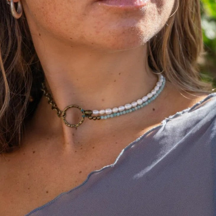 Retro Beach Vacation Style Geometric Pendant Necklace with Imitation Pearl and Glass Beads on Electroplated Alloy O-Chain for Women and Men
