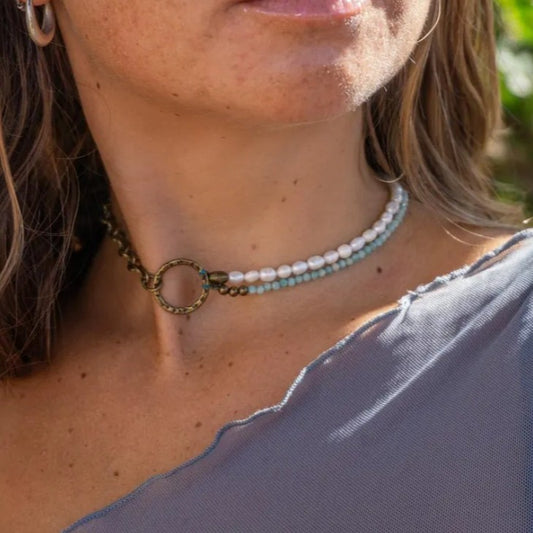 Collar con colgante geométrico estilo vacaciones de playa retro con perlas de imitación y cuentas de cristal en cadena O de aleación galvanizada para mujeres y hombres