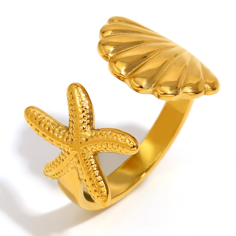 Fashion Star-Shaped Stainless Steel Ring with 18K Gold Plating for Women Ocean-Inspired Natural Design