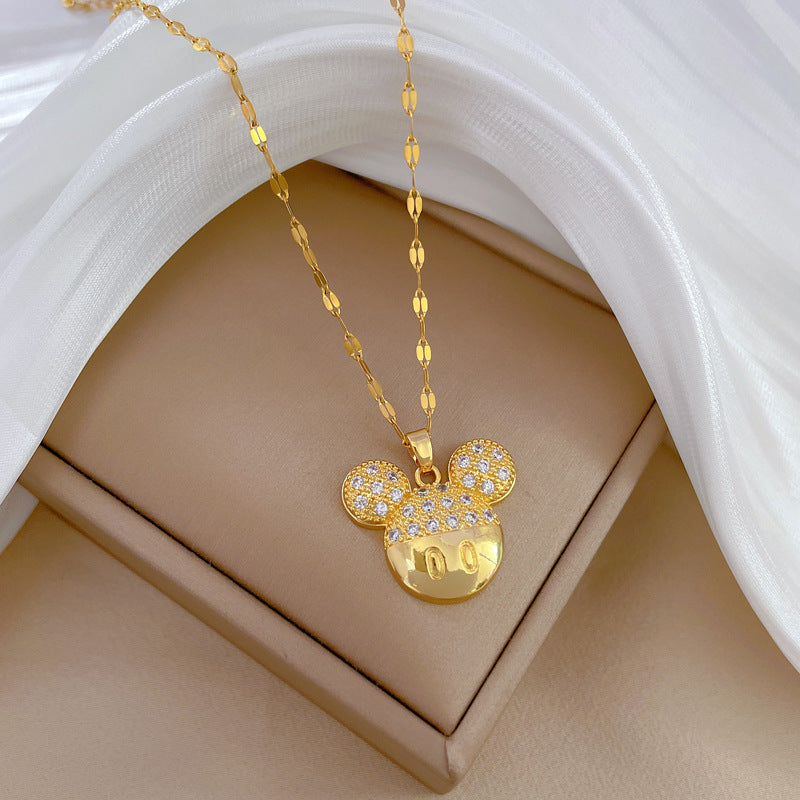 Luxury Titanium Steel Geometric Mouse Pendant Necklace for Women with Rhinestone Inlay, Adjustable Stainless Steel Chain, Minimalist Cute Locket Style
