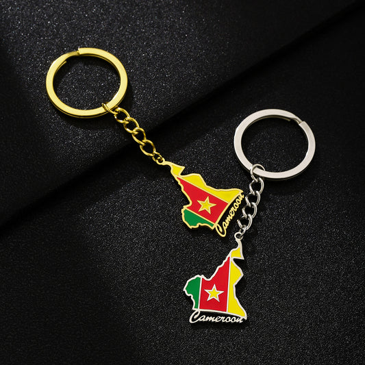 European Style Cameroon Flag Map Keychain Pendant in Titanium Steel for Men and Women