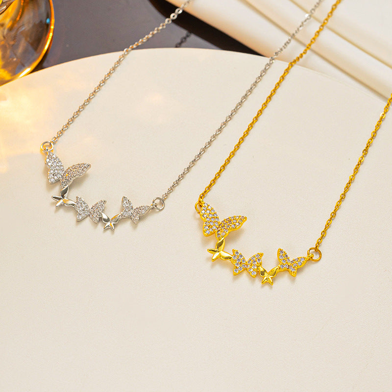 Minimalist Butterfly Pendant Necklace for Women Titanium Steel with Rhinestone Inlay Snake Chain Cold Aesthetic Clavicle Necklace