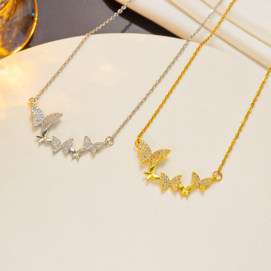 Minimalist Butterfly Pendant Necklace for Women Titanium Steel with Rhinestone Inlay Snake Chain Cold Aesthetic Clavicle Necklace