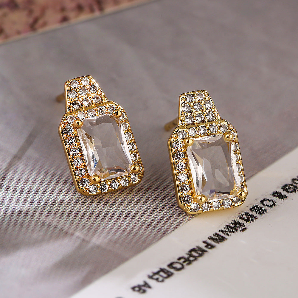 Minimalist Square Zircon Stud Earrings for Women in Copper with Gold Plating and Micro-Pave Setting