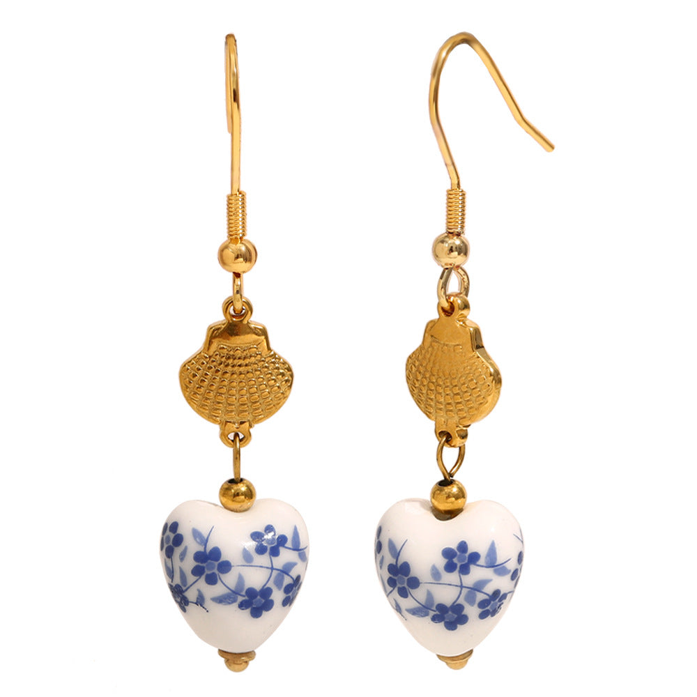 Fashionable Geometric Stainless Steel Earrings with 18K Gold Plating and Blue-and-White Porcelain Shell Accents for Women