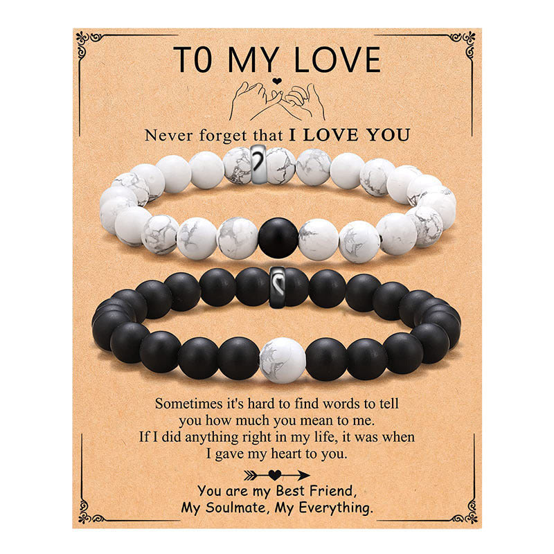 Geometric Black and White Beaded Stainless Steel Bracelet Set for Couples