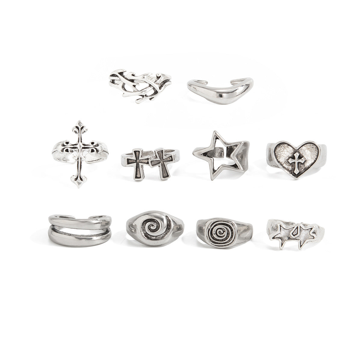 Vintage Punk Hollow Heart Star Cross Ring Zinc Alloy Plated Jewelry for Women