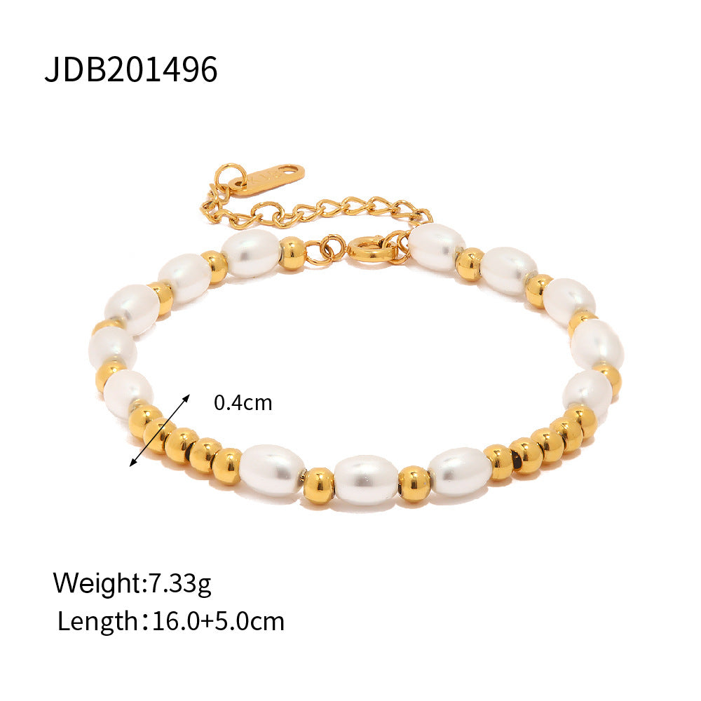 Ins Style Geometric Circle Stainless Steel Bracelet with Glass Pearl and Miyuki Beads Plated in 18K Gold Fashion Jewelry for Women