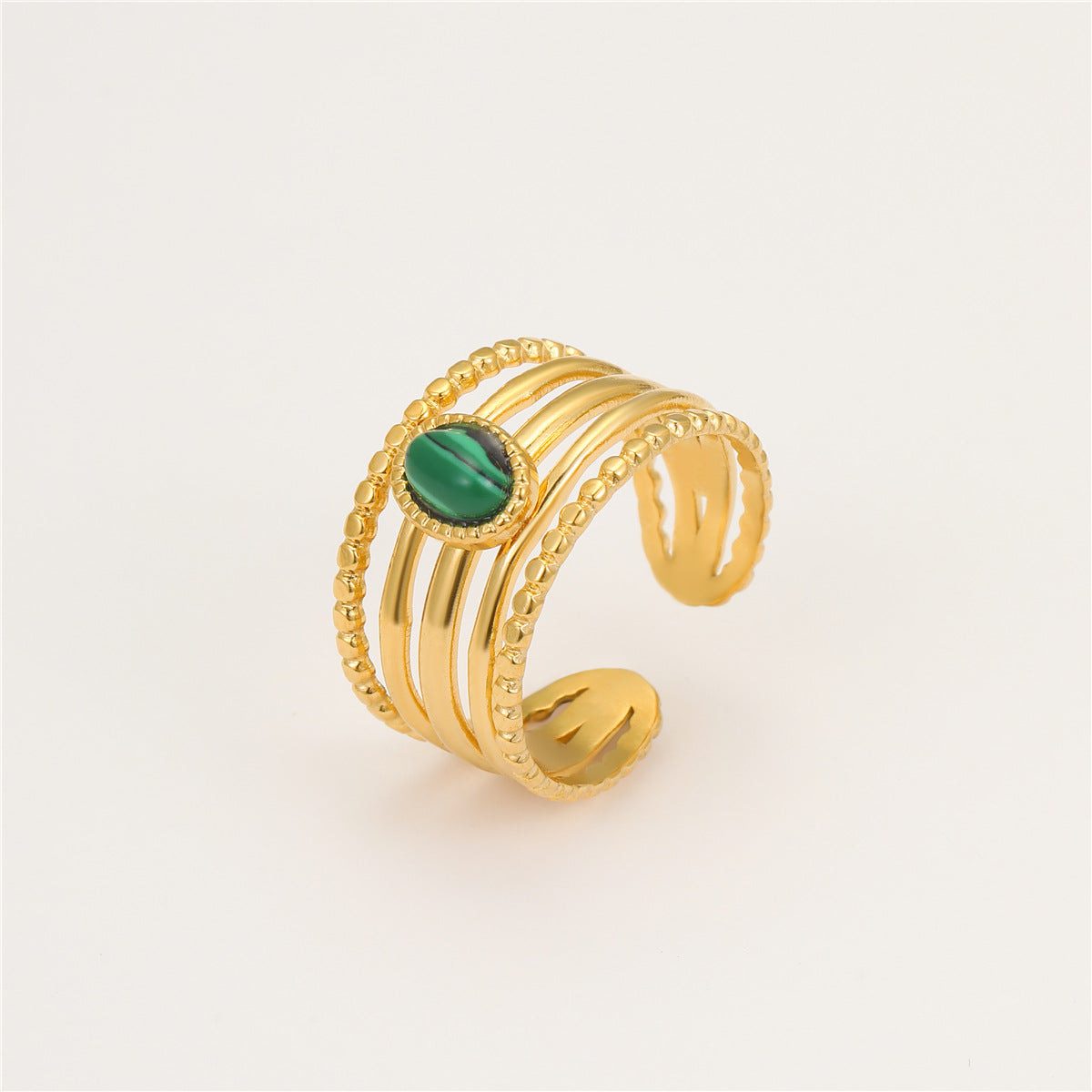 Anello da donna regolabile aperto in acciaio inossidabile placcato con pietra di malachite, stile vintage di lusso, geometrico, minimalista