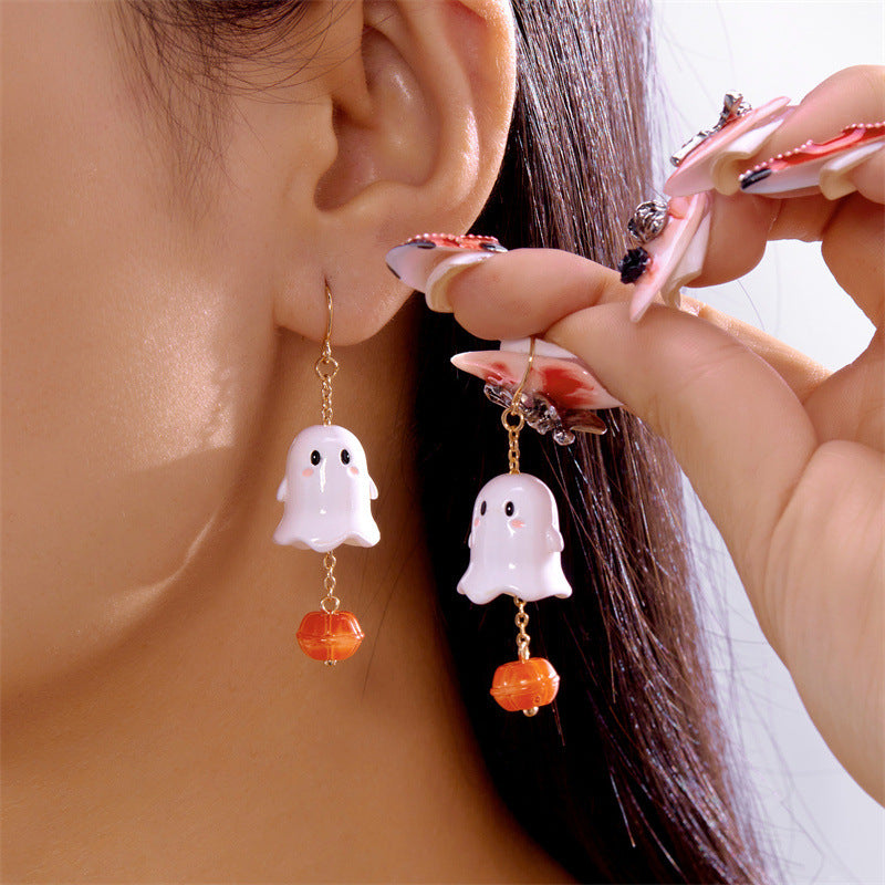 Pendientes de aleación con colgante de fantasma de calabaza de Halloween, dulces y atrevidos, galvanizados para fiestas de disfraces unisex