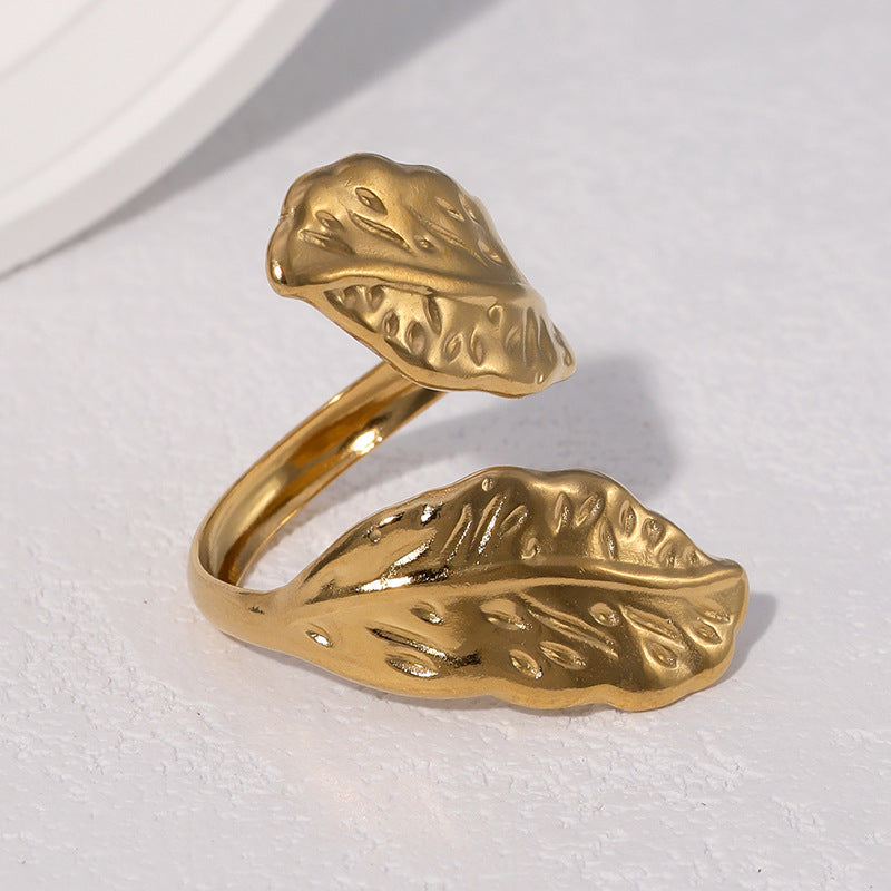 Minimalist Leaf-Shaped Stainless Steel Open Ring with Plating Finish for Women