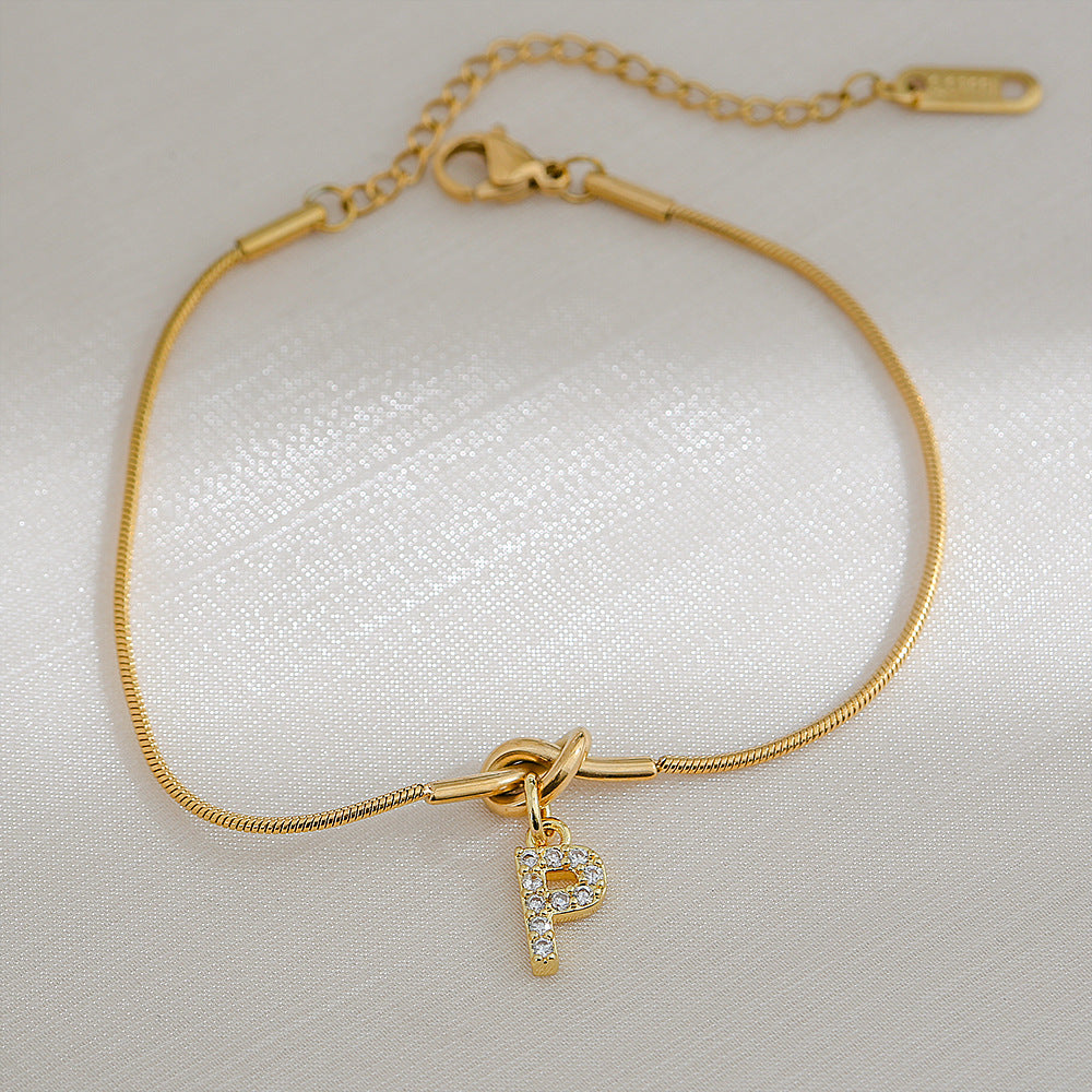 18K Gold Plated Stainless Steel Letter Heart Knot Charm Bar Bracelet for Women