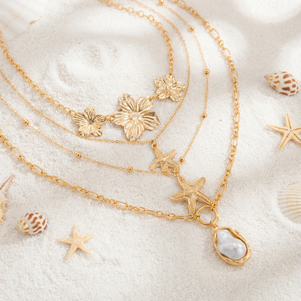 Casual Alloy Plated Plant and Pearl Necklace Set for Women