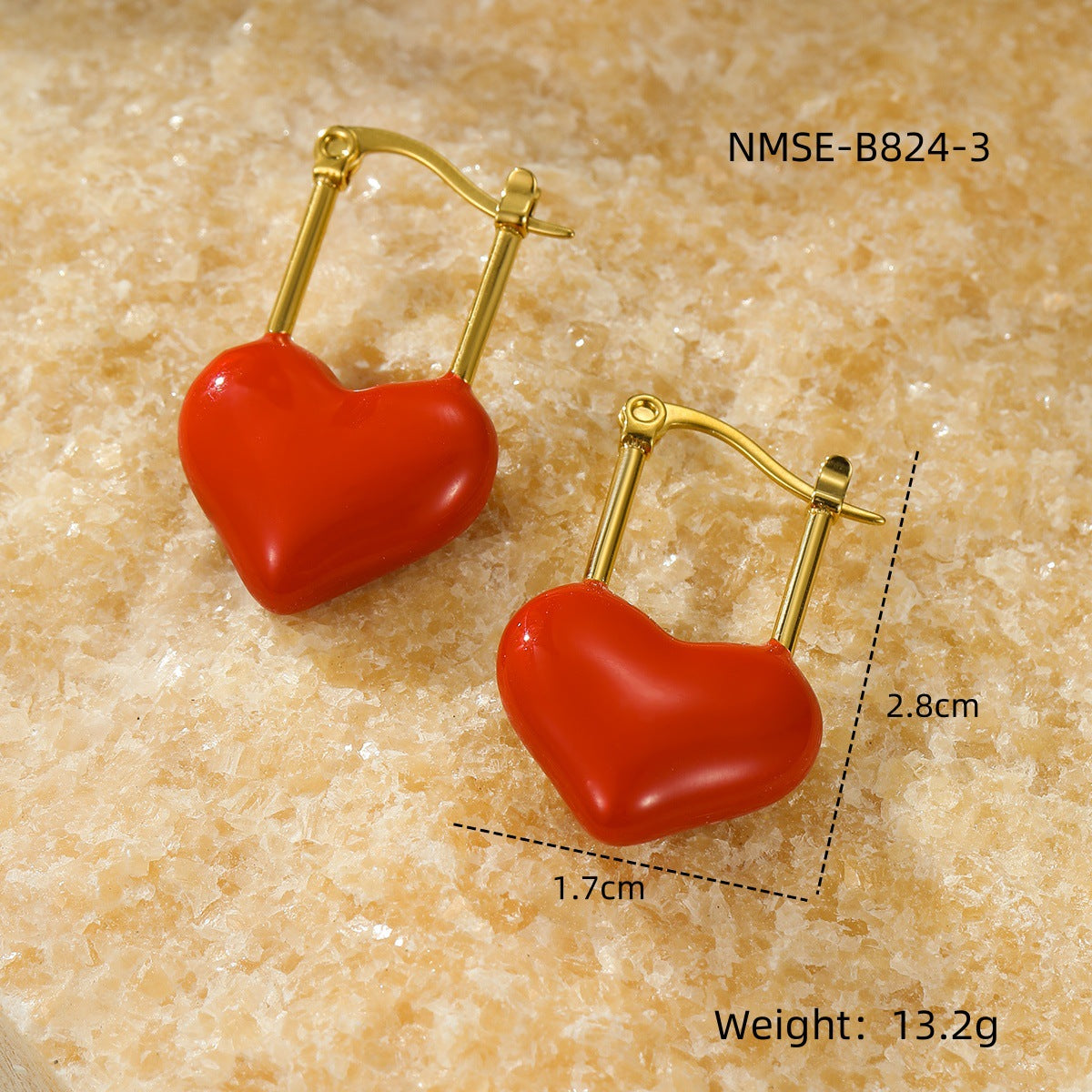 Orecchini a perno da donna in acciaio inossidabile placcato oro 18 carati e smalto a forma di cuore in stile vintage