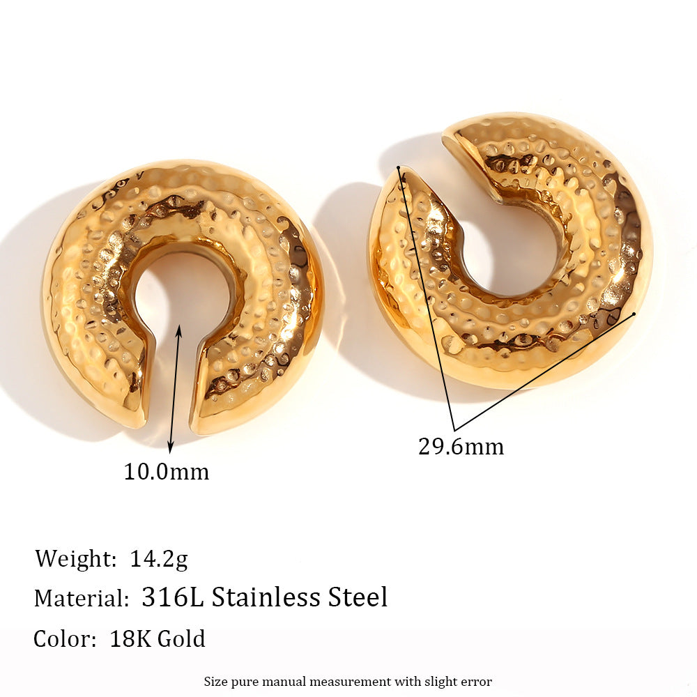 Fashionable Oval Stainless Steel Earrings with 18K Gold Plating and Hammered Texture Natural Stone for Women