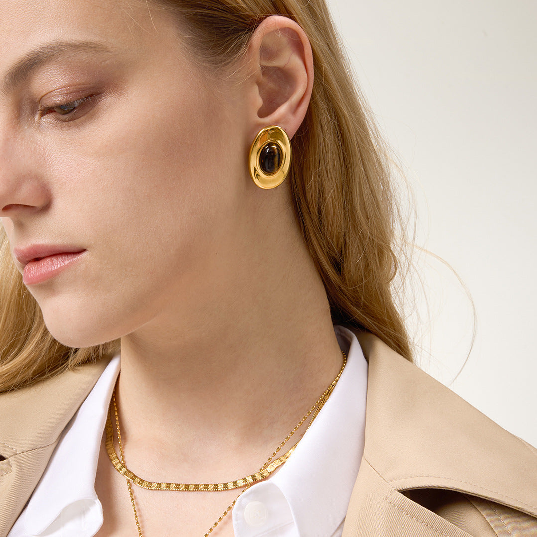 Aretes de tuerca ovalados geométricos minimalistas de lujo con ojo de tigre, chapados en oro de 18 quilates, acero de titanio para mujer