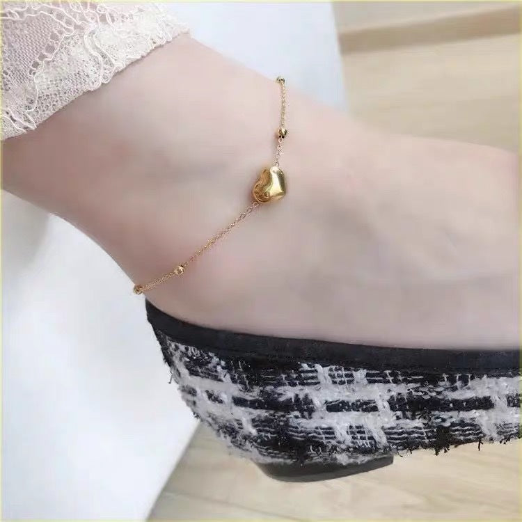Minimalist Geometric Titanium Steel Anklet for Women with Round Beads and Heart Charm