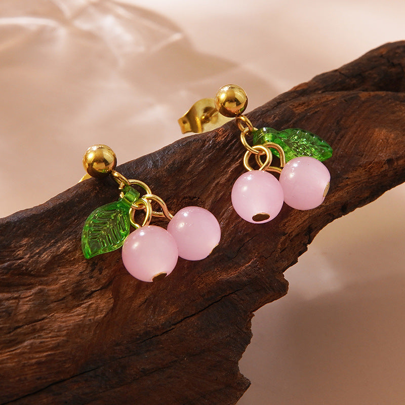 Sweet Minimalist Stainless Steel Cherry Fruit Necklace and Earring Set for Women