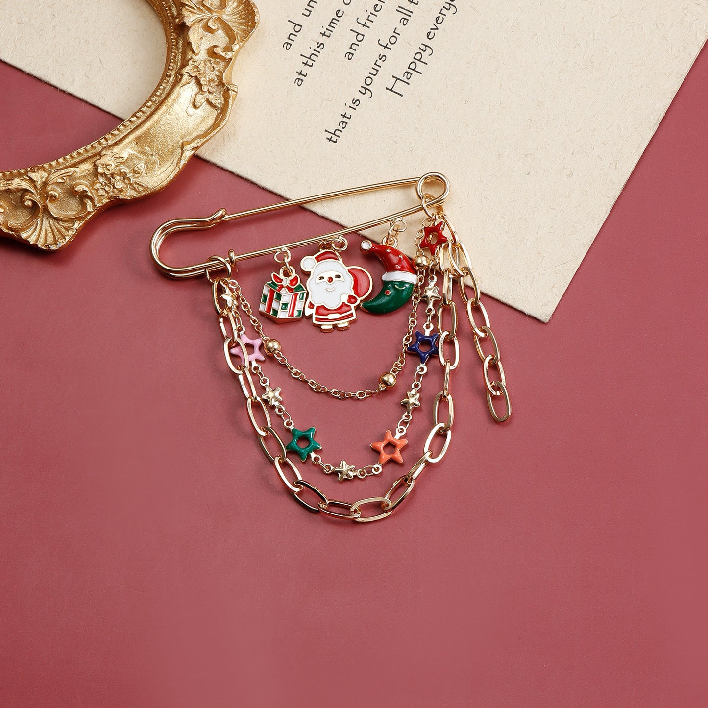 Diseño Original Pin Navideño Geométrico para Mujer con Acabado de Metal Bañado, Broche de Papá Noel para Fiestas, Accesorio de Regalo