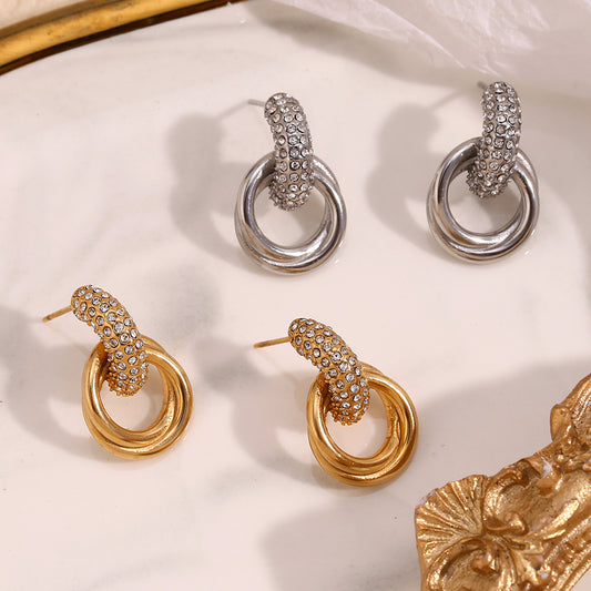 Orecchini a Cerchio da Donna alla Moda, Minimalisti e Geometrici, in Acciaio Inossidabile, Placcati Oro 18K, con Zirconi Bianchi