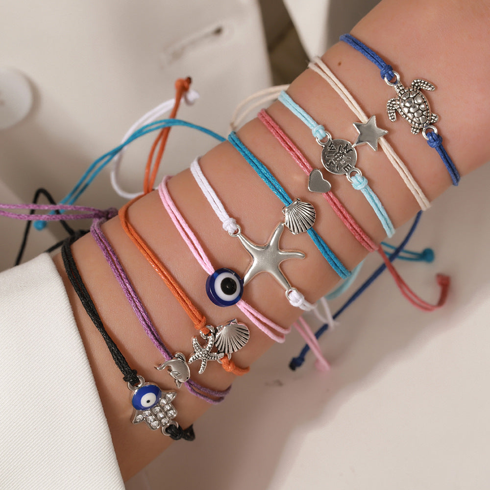 Beach Vacation Style Alloy Turtle Compass Shell Heart Starfish Evil Eye Braided Anklet and Bracelet Set
