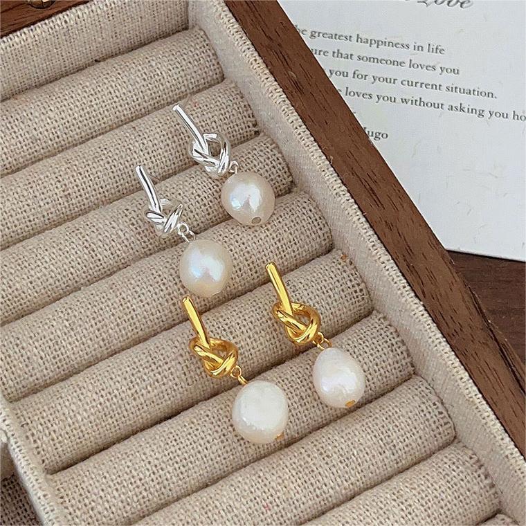 Minimalist Korean-Style 925 Sterling Silver Knot Pearl Stud Earrings with Geometric Beveled Cubic Accent