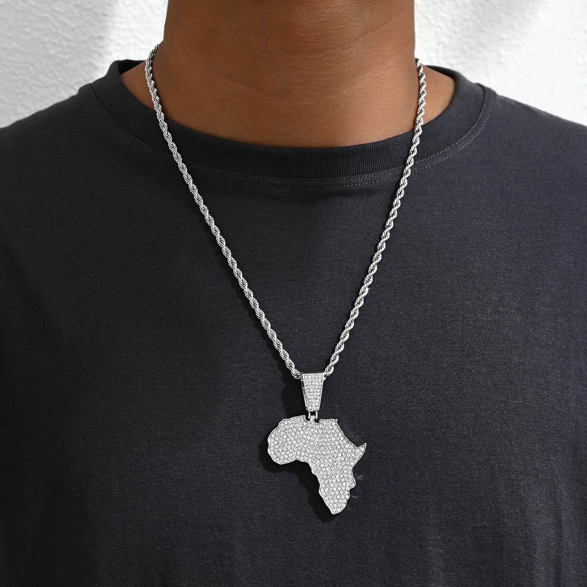 Hip Hop Style Geometric Rhombus Map Pendant Necklace for Men with Cubic Zirconia Inlay on Alloy Chain