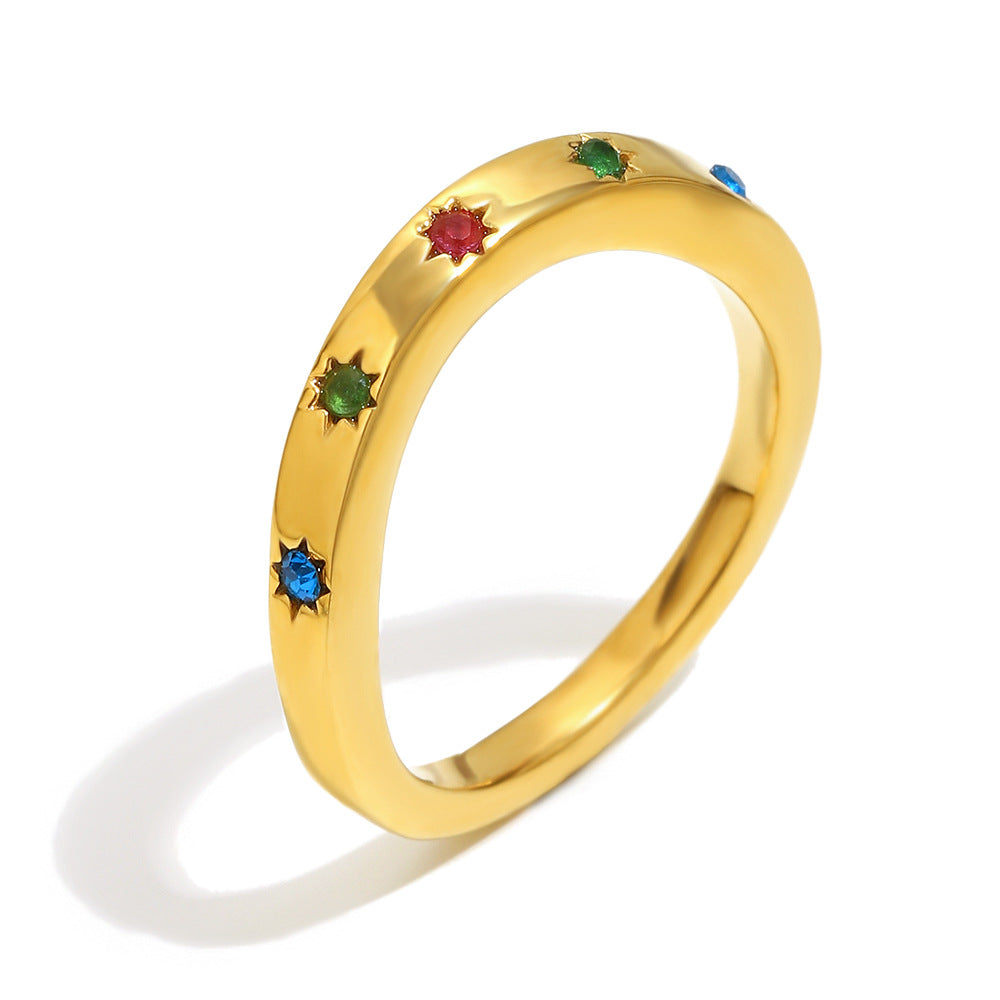 Minimalist Geometric Stainless Steel Plated 18K Gold Eight-Pointed Star Ring for Women with Colorful Rhinestone Inlay