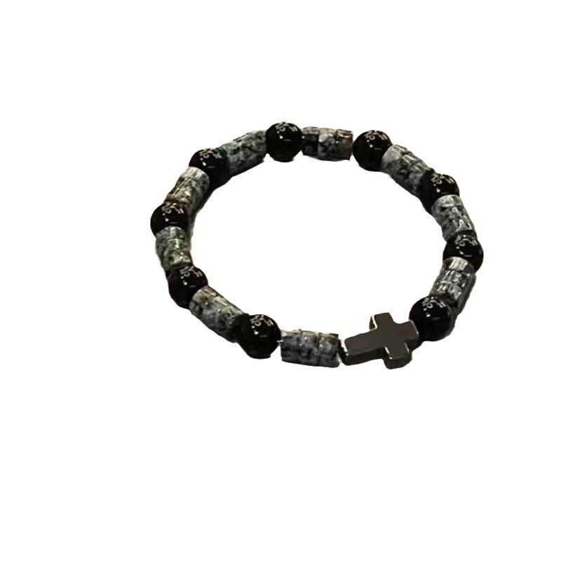 Minimalist Cross Black Obsidian Bracelet for Men and Women Handmade Stone Jewelry with Dark Aesthetic
