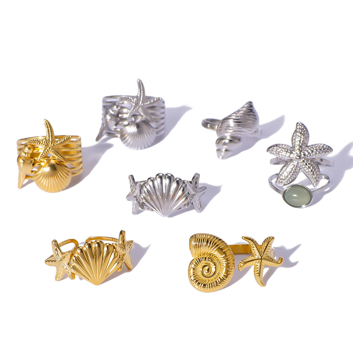 INS Style Geometric Starfish and Seashell Open Ring for Women Stainless Steel with 18K Vacuum Plating