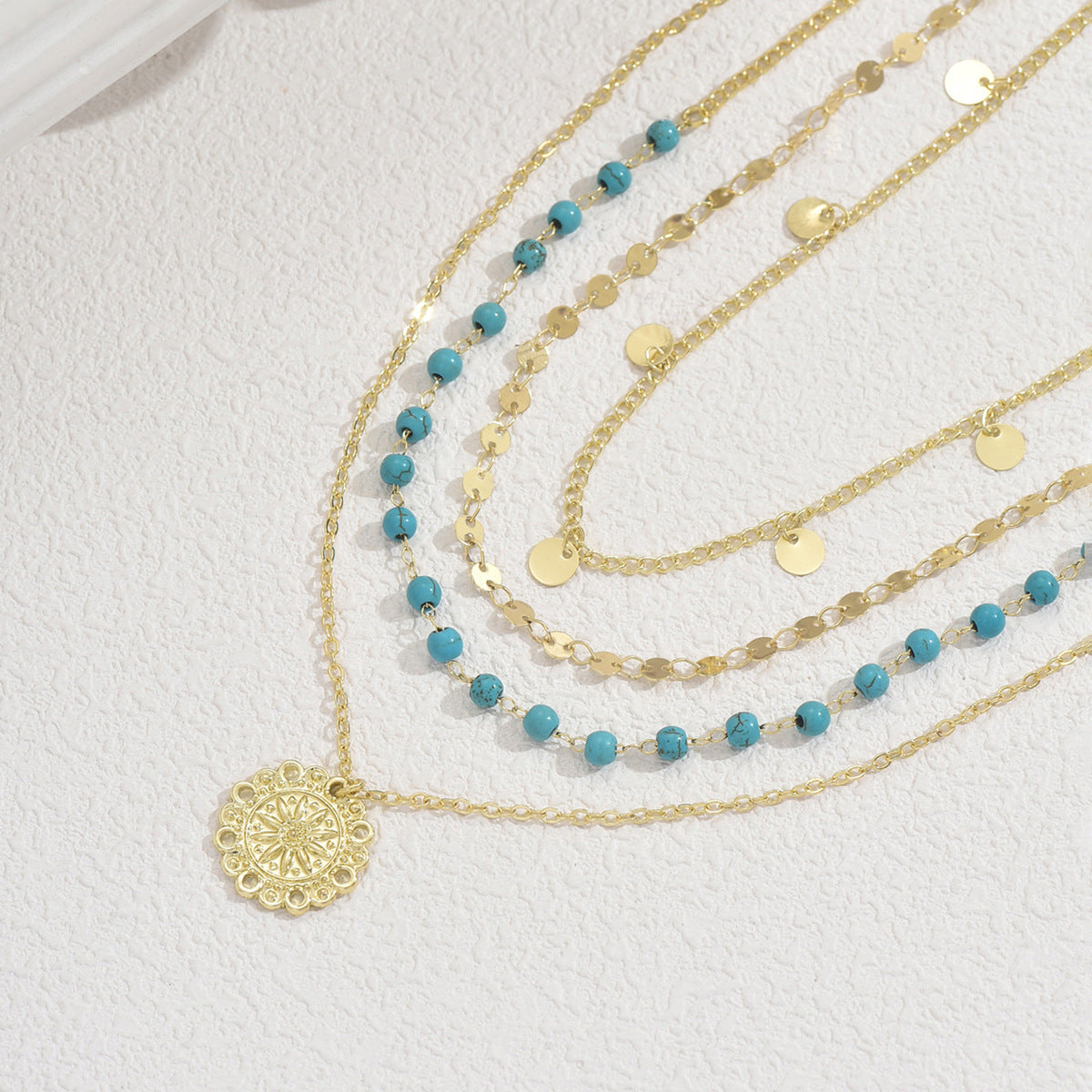 Geometric Floral Turquoise Inlay Pendant Necklace for Women with Multi-Layer Clavicle Chain in Zinc Alloy
